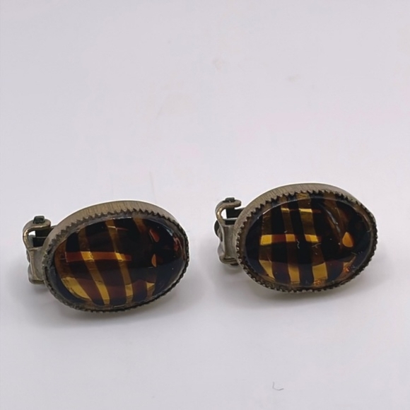 Vintage Lucite and Gold Tone Animal Stripe Clip-on Earrings - Picture 1 of 9